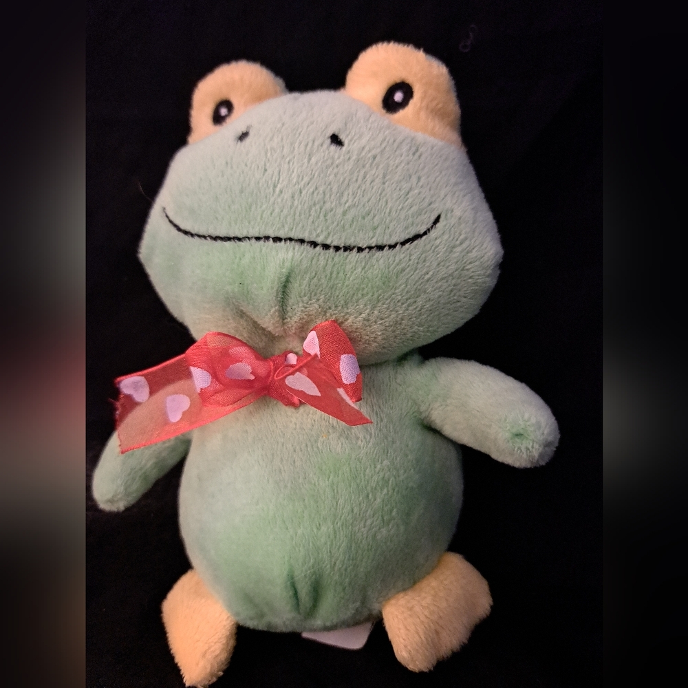 Green Frog Plush Toy with Red Bow